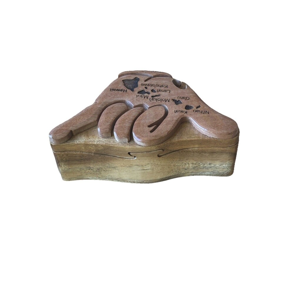 VTG Carved Wood Hawaii Hang Loose Hand Puzzle Box W Carved Islands Trinket Box - Picture 4 of 15